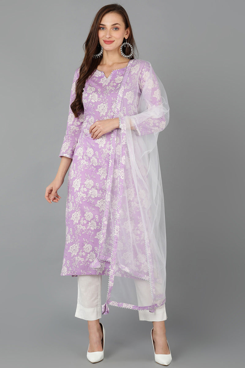 Purple Rayon blend Floral Straight Kurta Pant With Dupatta - Purple