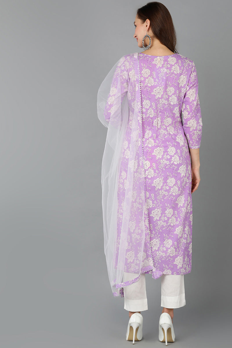 Purple Rayon blend Floral Straight Kurta Pant With Dupatta - Purple