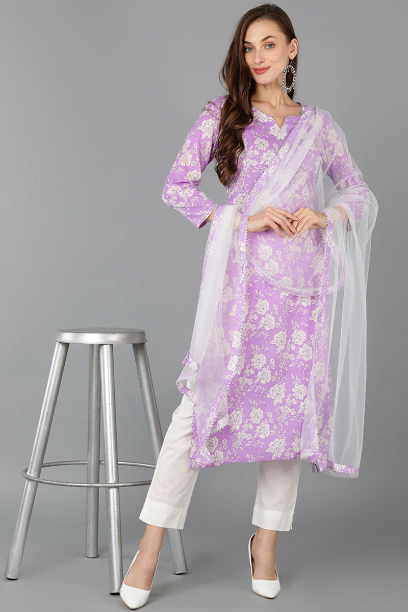 Purple Rayon blend Floral Straight Kurta Pant With Dupatta - Purple