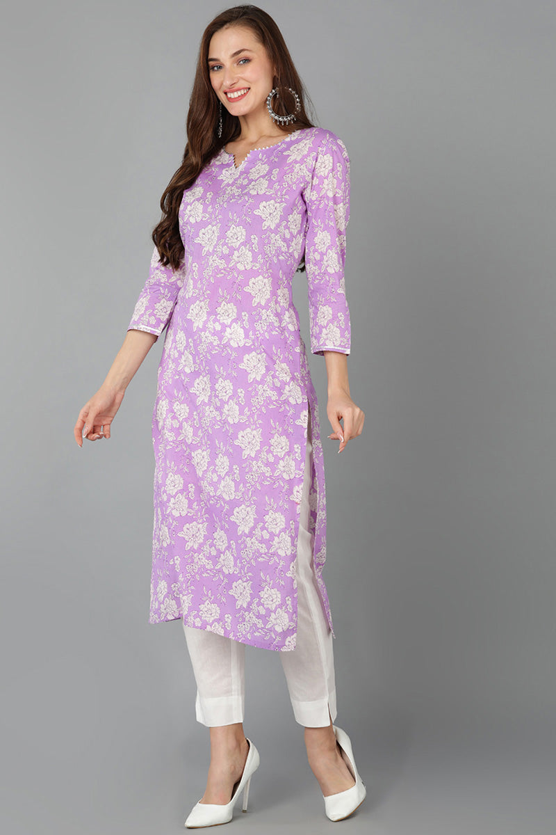 Purple Rayon blend Floral Straight Kurta Pant With Dupatta - Purple
