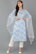 Blue Rayon Blend Floral Straight Kurta Pant With Dupatta - Blue