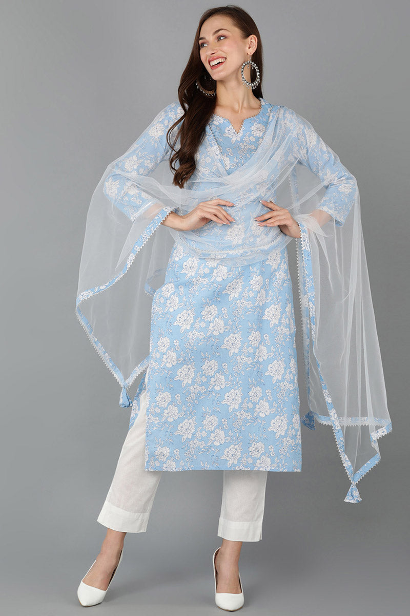 Blue Rayon Blend Floral Straight Kurta Pant With Dupatta - Blue