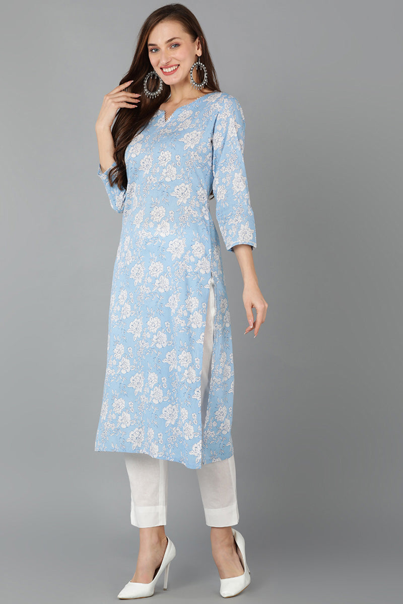 Blue Rayon Blend Floral Straight Kurta Pant With Dupatta - Blue