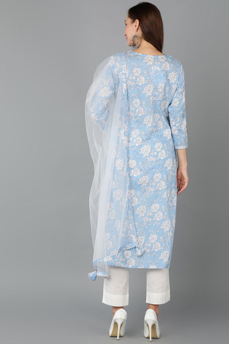 Blue Rayon Blend Floral Straight Kurta Pant With Dupatta - Blue