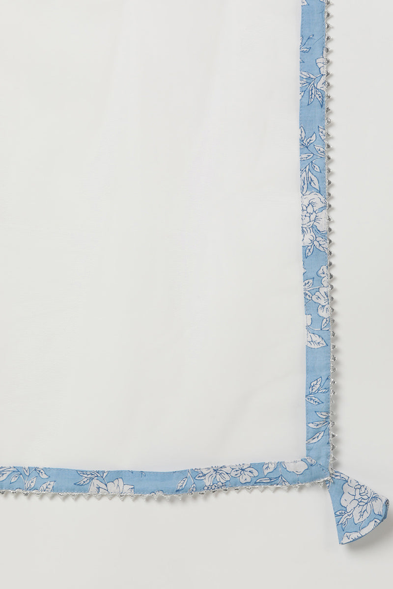 Blue Rayon Blend Floral Straight Kurta Pant With Dupatta - Blue