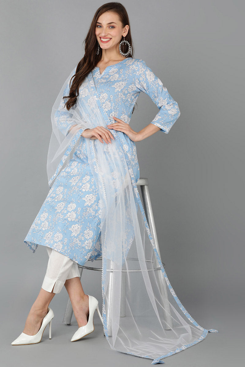 Blue Rayon Blend Floral Straight Kurta Pant With Dupatta - Blue
