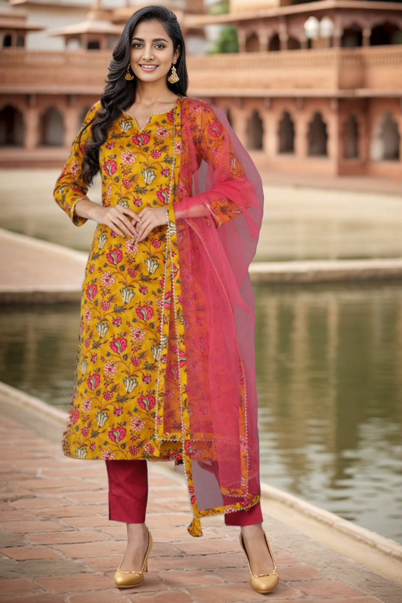 Mustard Rayon Blend Floral Straight Kurta Pant With Dupatta - Yellow