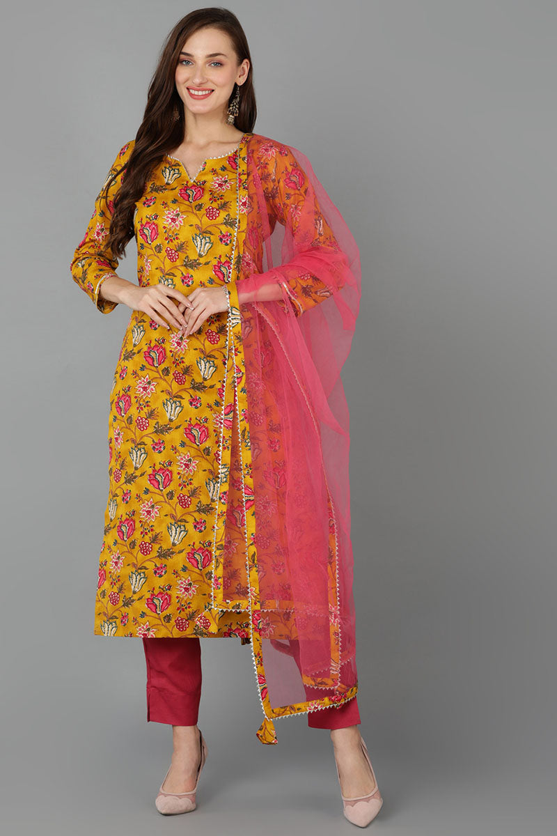 Mustard Rayon Blend Floral Straight Kurta Pant With Dupatta - Yellow