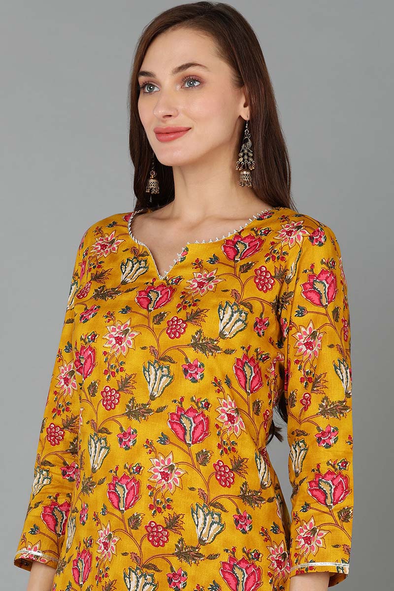 Mustard Rayon Blend Floral Straight Kurta Pant With Dupatta - Yellow