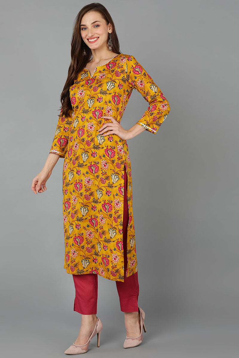 Mustard Rayon Blend Floral Straight Kurta Pant With Dupatta - Yellow