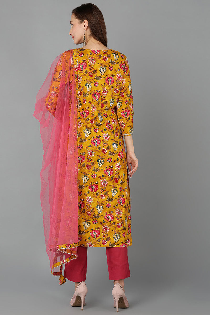 Mustard Rayon Blend Floral Straight Kurta Pant With Dupatta - Yellow