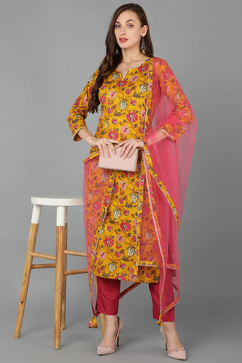 Mustard Rayon Blend Floral Straight Kurta Pant With Dupatta - Yellow
