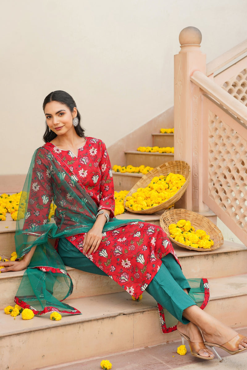Red Rayon blend Floral Straight Kurta Pant With Dupatta - Red