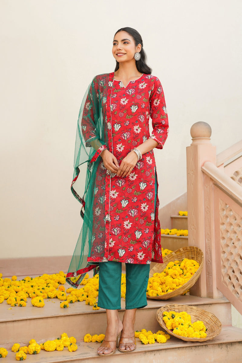 Red Rayon blend Floral Straight Kurta Pant With Dupatta - Red