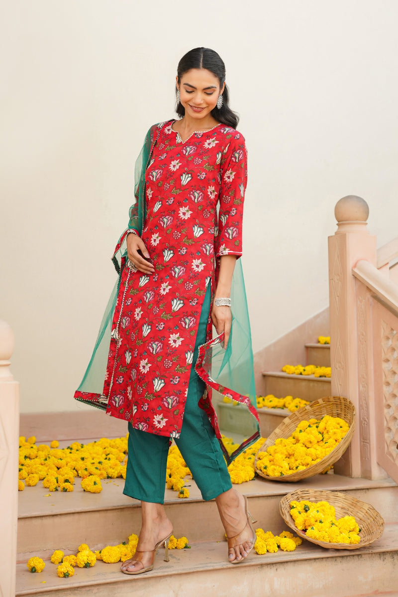 Red Rayon blend Floral Straight Kurta Pant With Dupatta - Red