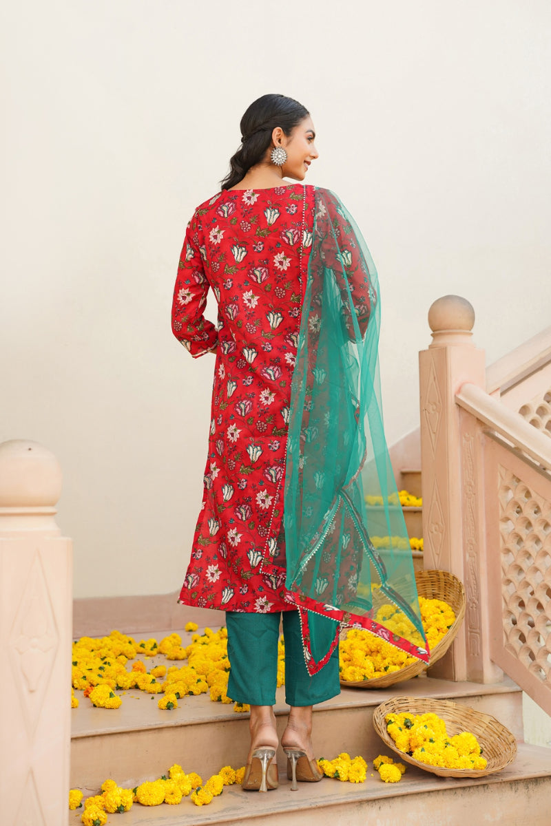 Red Rayon blend Floral Straight Kurta Pant With Dupatta - Red