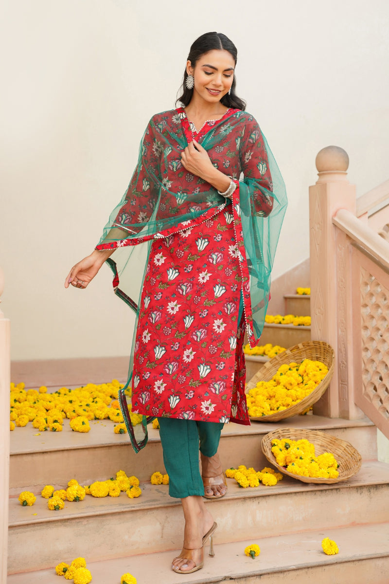 Red Rayon blend Floral Straight Kurta Pant With Dupatta - Red