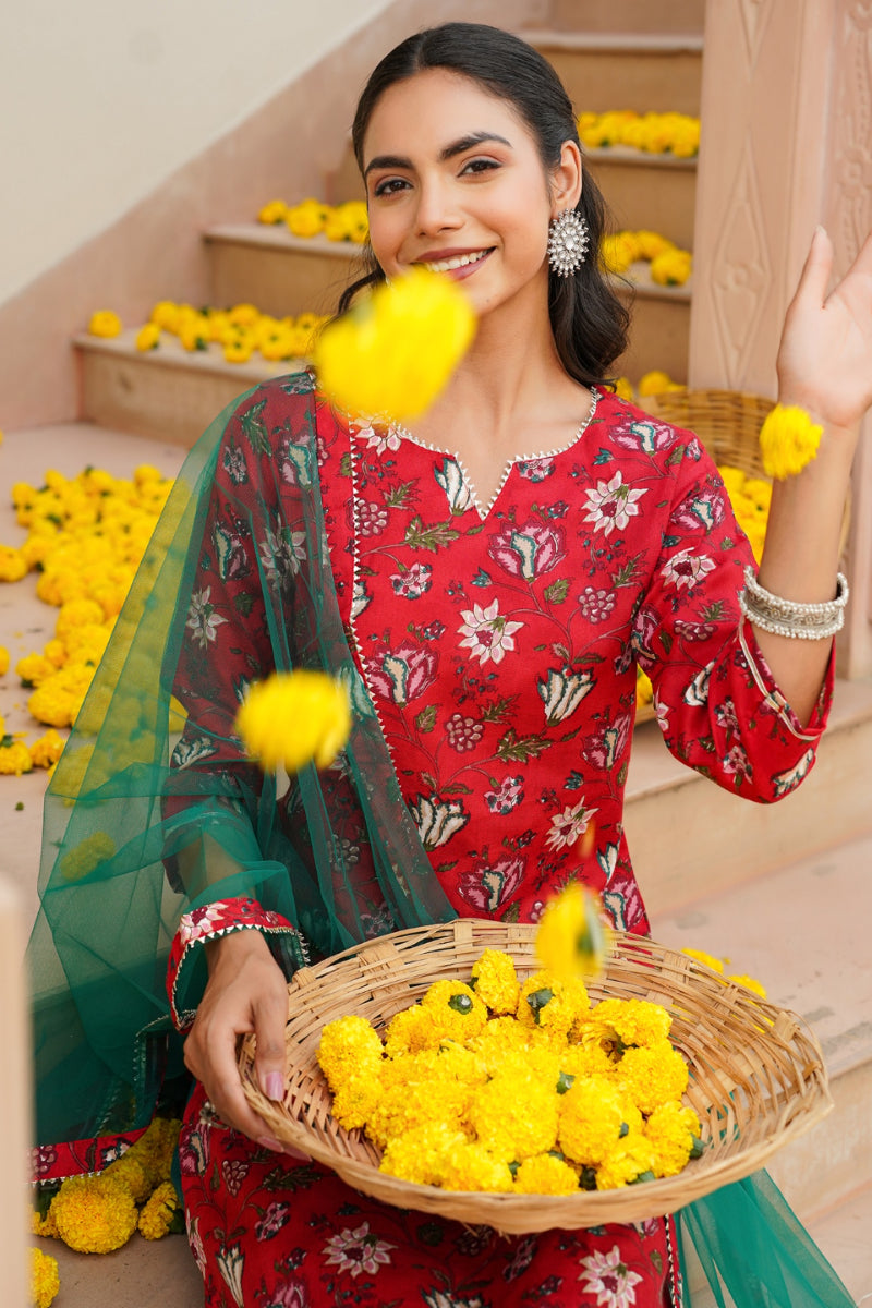 Red Rayon blend Floral Straight Kurta Pant With Dupatta - Red
