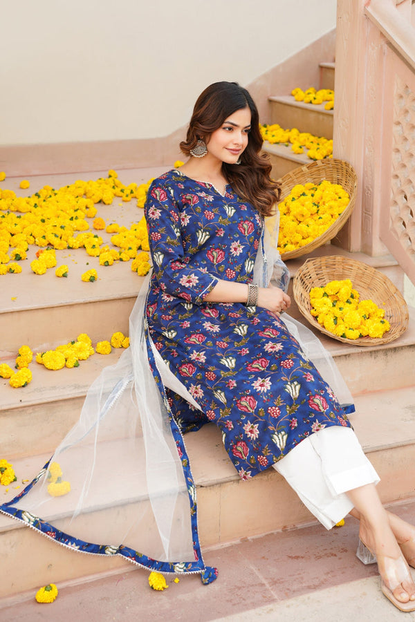 Blue Rayon Blend Printed Kurta Pant With Dupatta - Blue