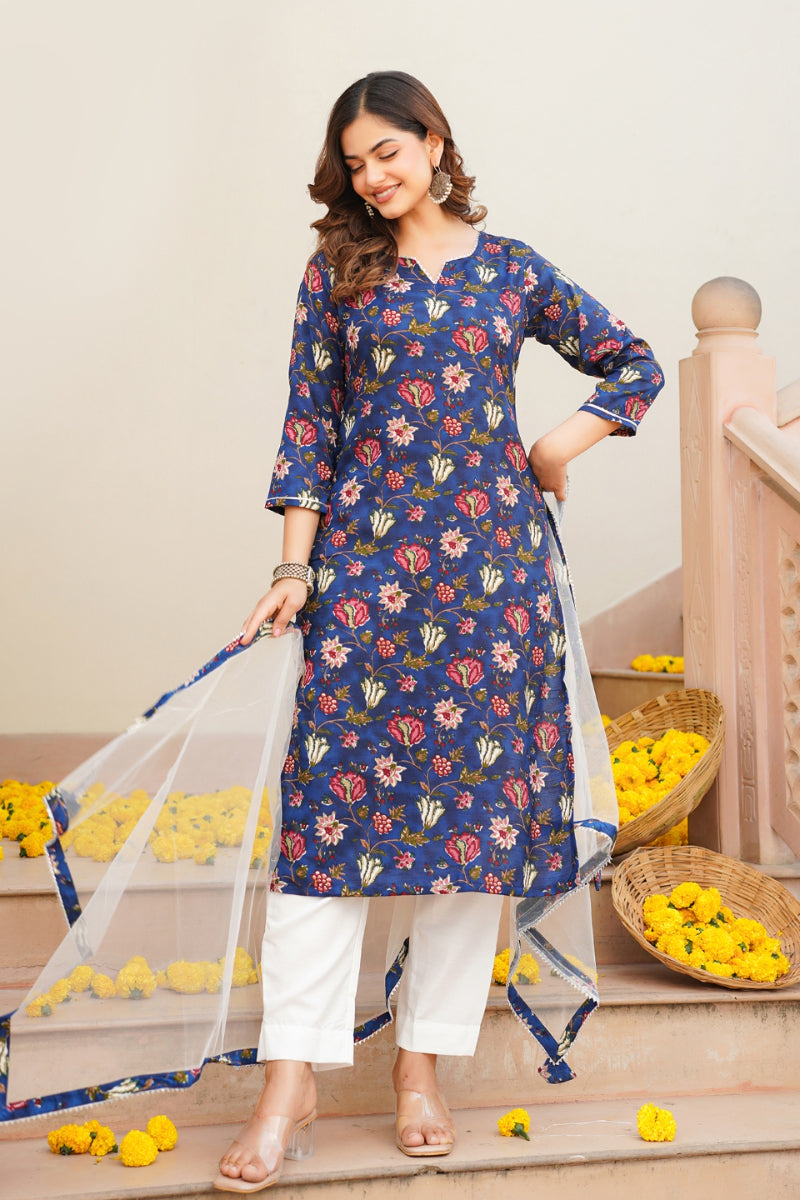 Blue Rayon Blend Printed Kurta Pant With Dupatta - Blue
