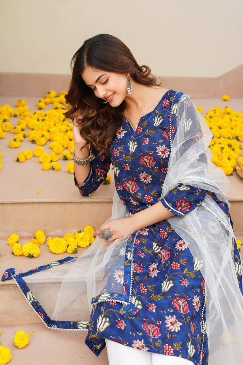 Blue Rayon Blend Printed Kurta Pant With Dupatta - Blue
