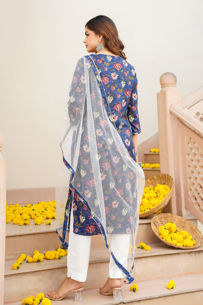 Blue Rayon Blend Printed Kurta Pant With Dupatta - Blue