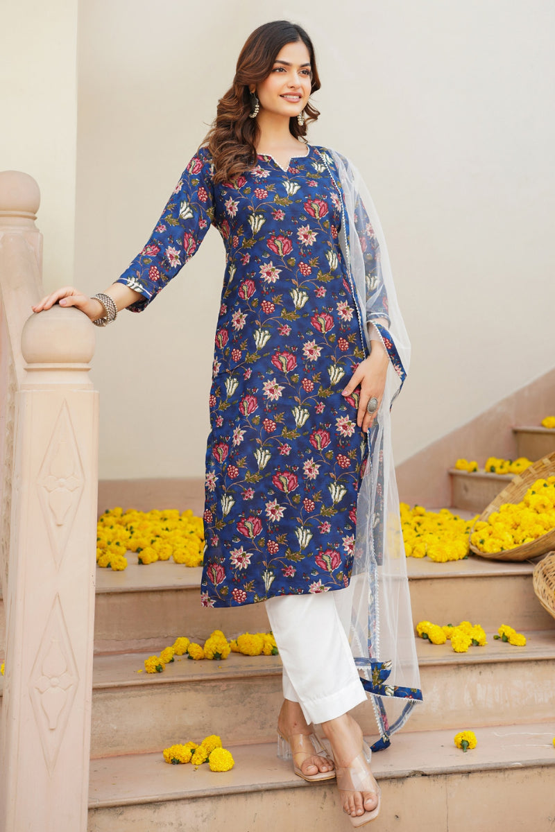 Blue Rayon Blend Printed Kurta Pant With Dupatta - Blue
