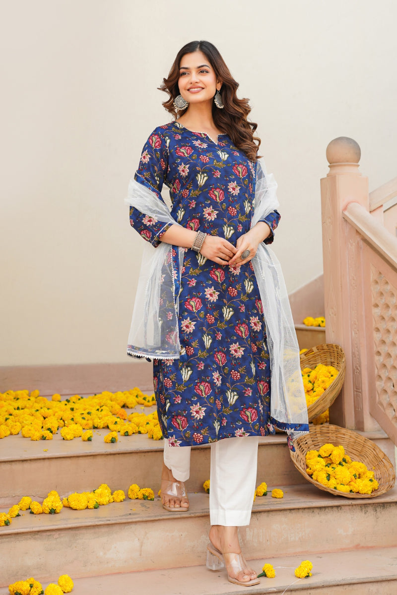 Blue Rayon Blend Printed Kurta Pant With Dupatta - Blue