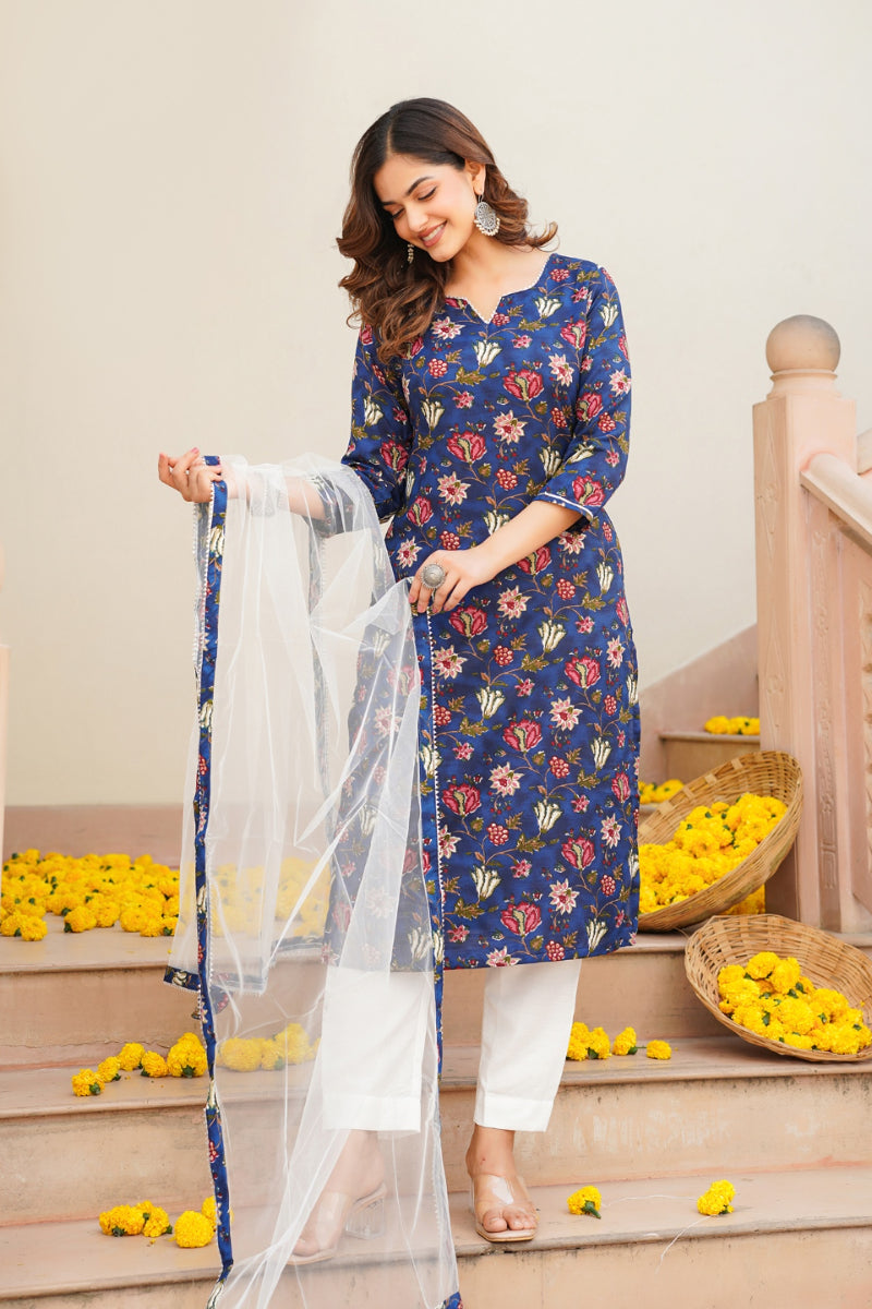 Blue Rayon Blend Printed Kurta Pant With Dupatta - Blue