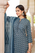 Rayon Blend Teal Straight Kurta Pant With Dupatta - Blue