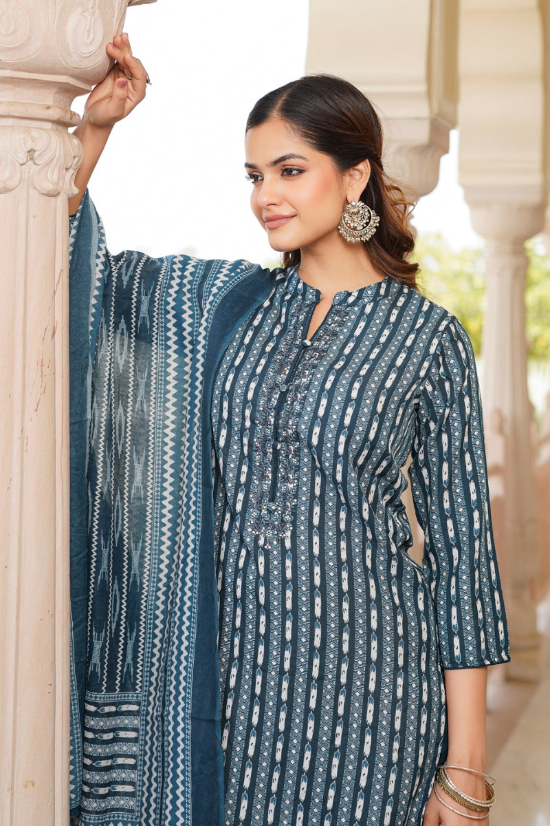 Rayon Blend Teal Straight Kurta Pant With Dupatta - Blue