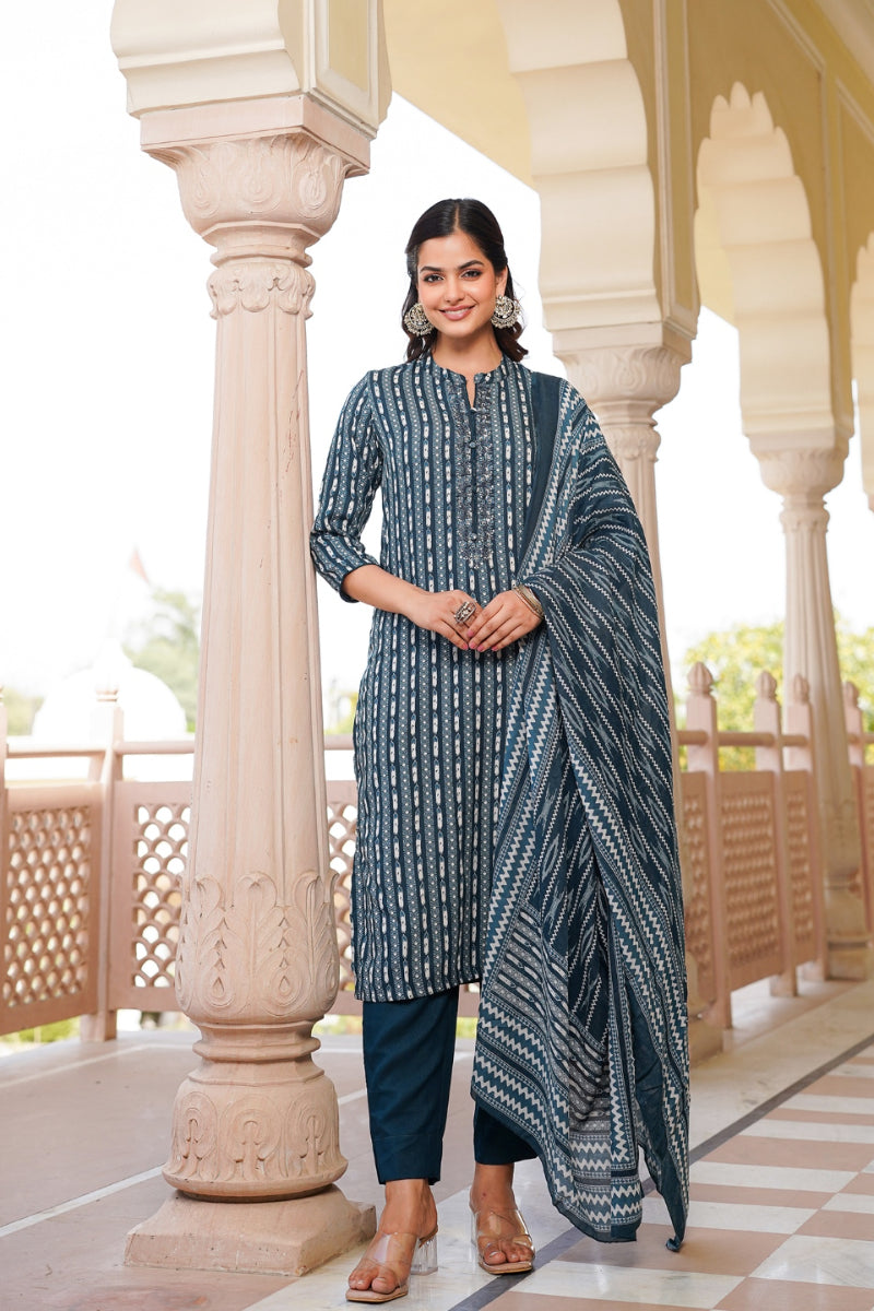 Rayon Blend Teal Straight Kurta Pant With Dupatta - Blue