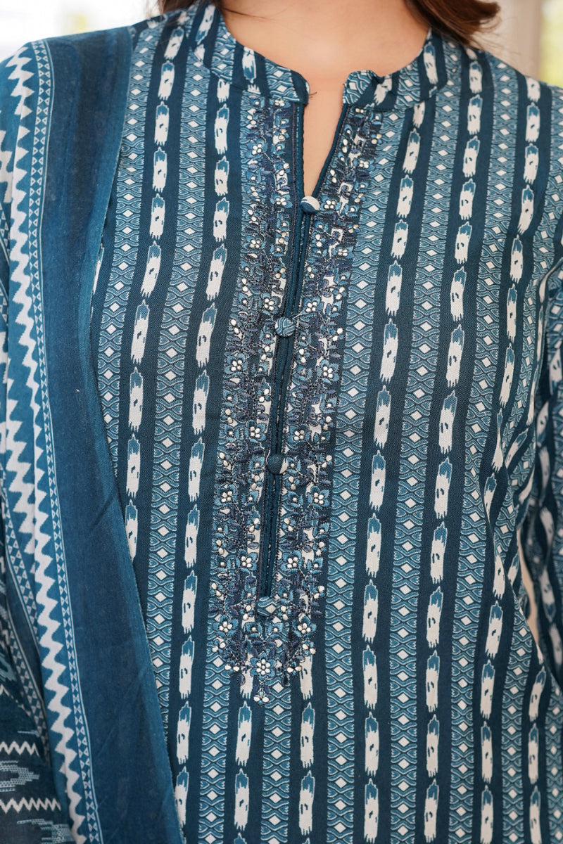 Rayon Blend Teal Straight Kurta Pant With Dupatta - Blue