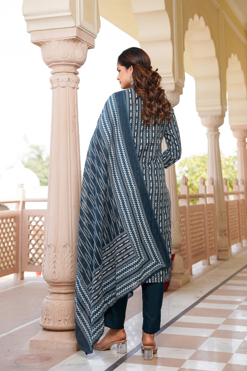 Rayon Blend Teal Straight Kurta Pant With Dupatta - Blue