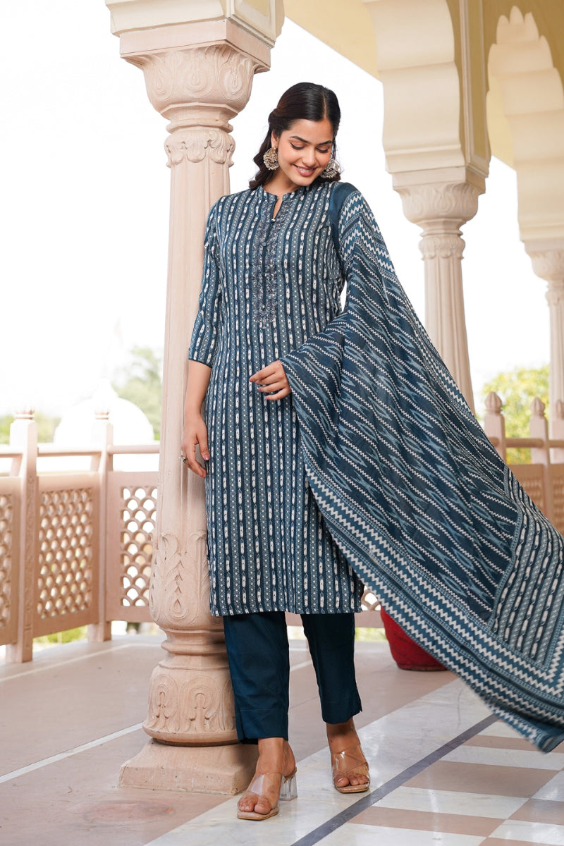 Rayon Blend Teal Straight Kurta Pant With Dupatta - Blue