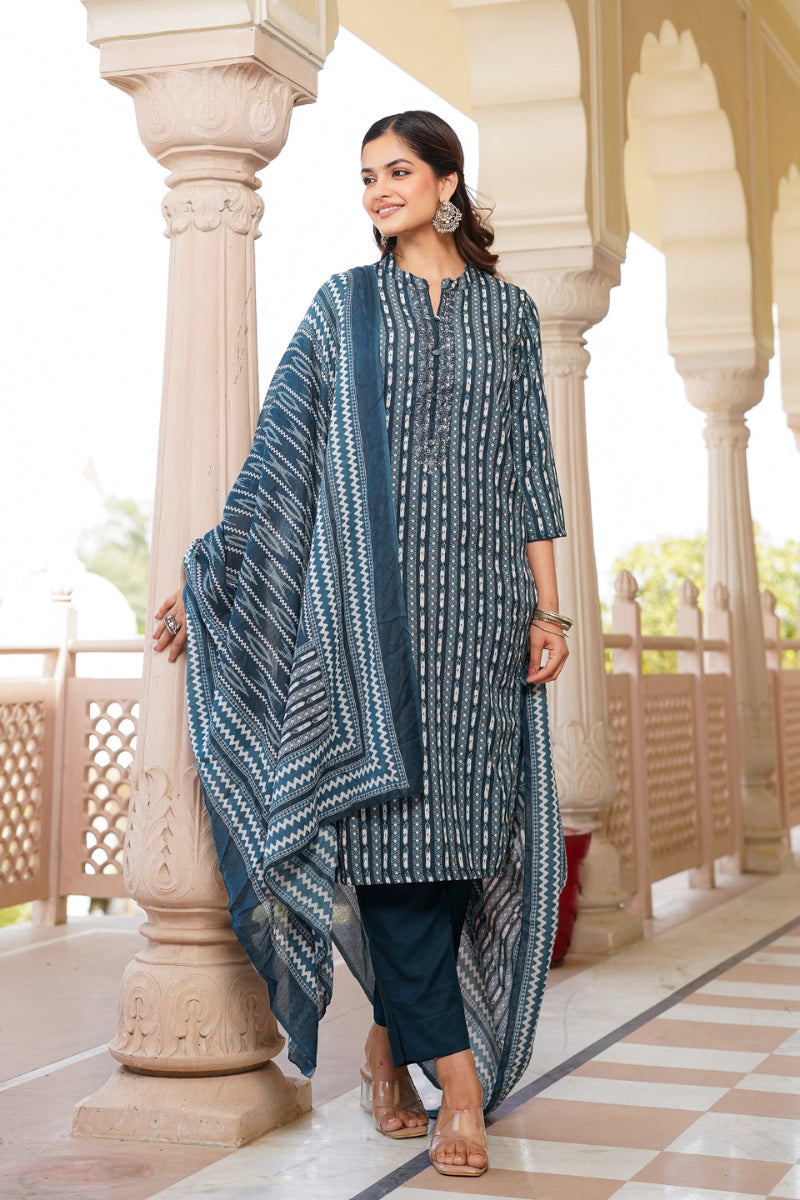 Rayon Blend Teal Straight Kurta Pant With Dupatta - Blue
