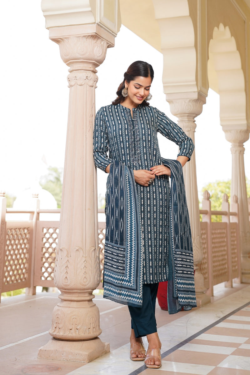 Rayon Blend Teal Straight Kurta Pant With Dupatta - Blue