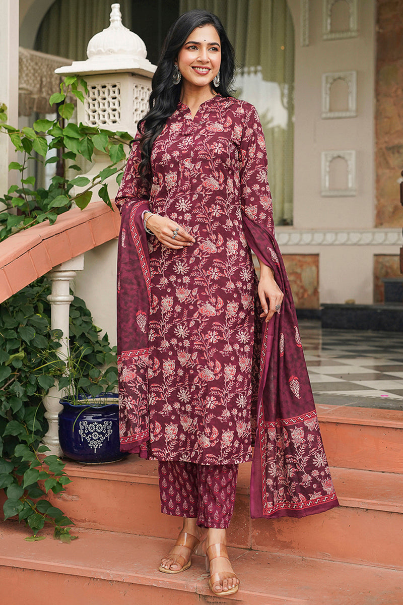 Maroon Rayon Blend Floral Printed Straight Suit Set - Maroon