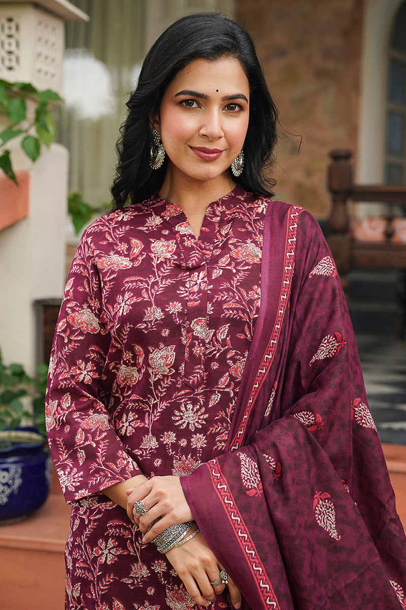Maroon Rayon Blend Floral Printed Straight Suit Set - Maroon