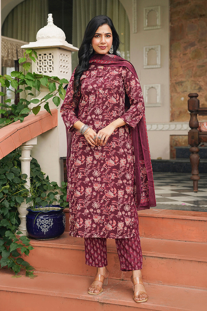 Maroon Rayon Blend Floral Printed Straight Suit Set - Maroon