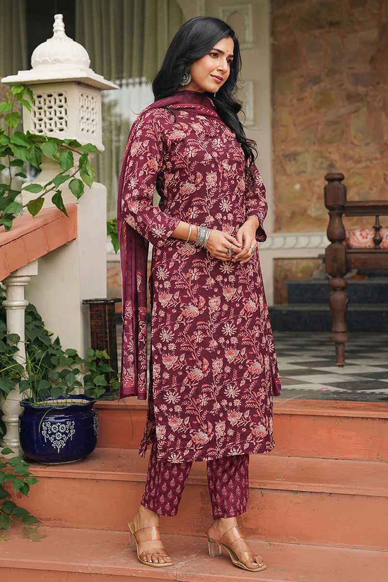 Maroon Rayon Blend Floral Printed Straight Suit Set - Maroon