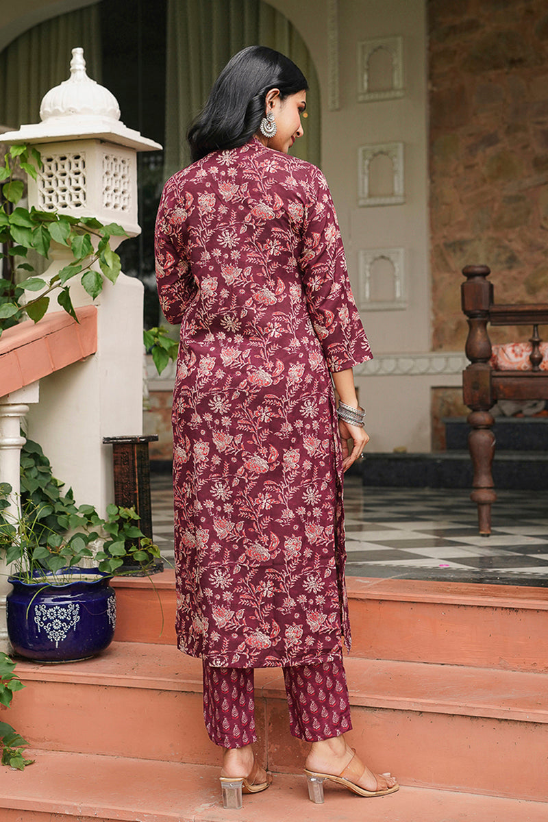 Maroon Rayon Blend Floral Printed Straight Suit Set - Maroon