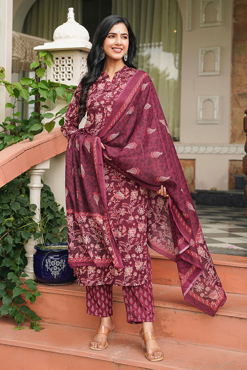 Maroon Rayon Blend Floral Printed Straight Suit Set - Maroon