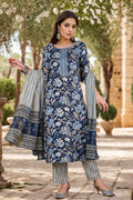 Blue Rayon Blend Floral Printed Straight Suit Set - Blue
