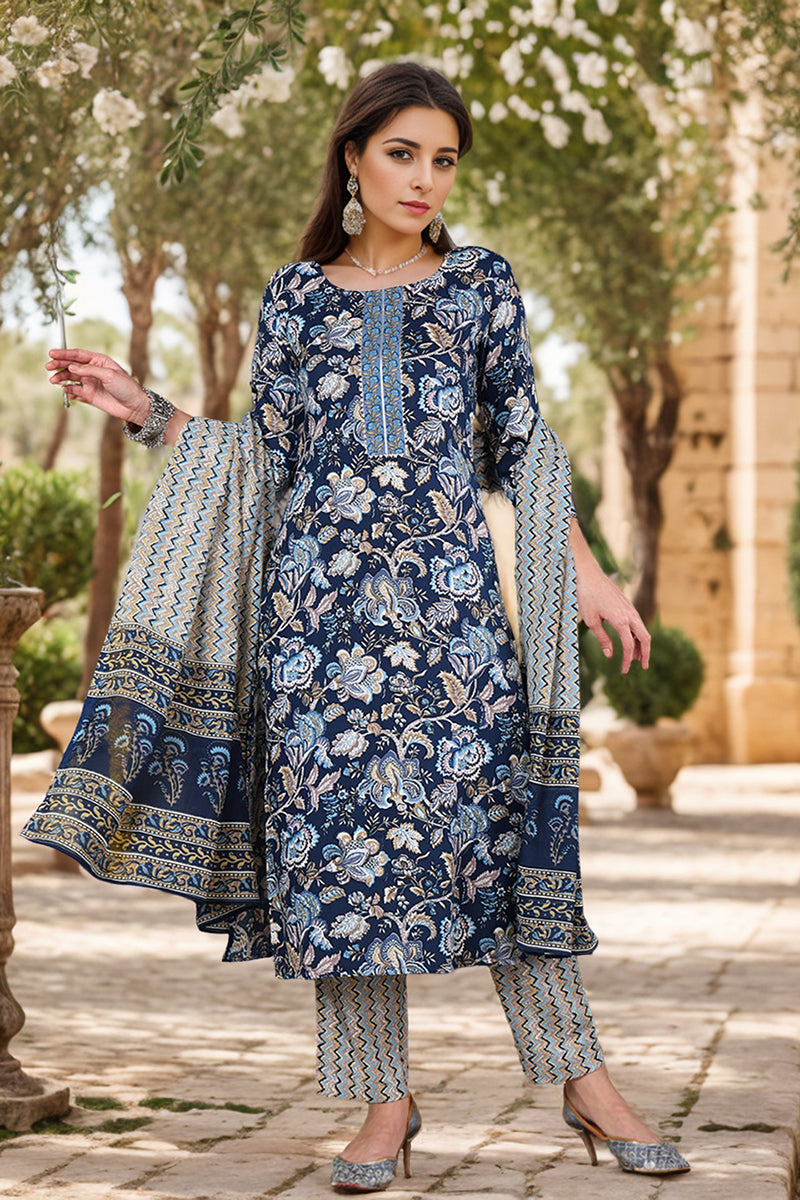 Blue Rayon Blend Floral Printed Straight Suit Set - Blue