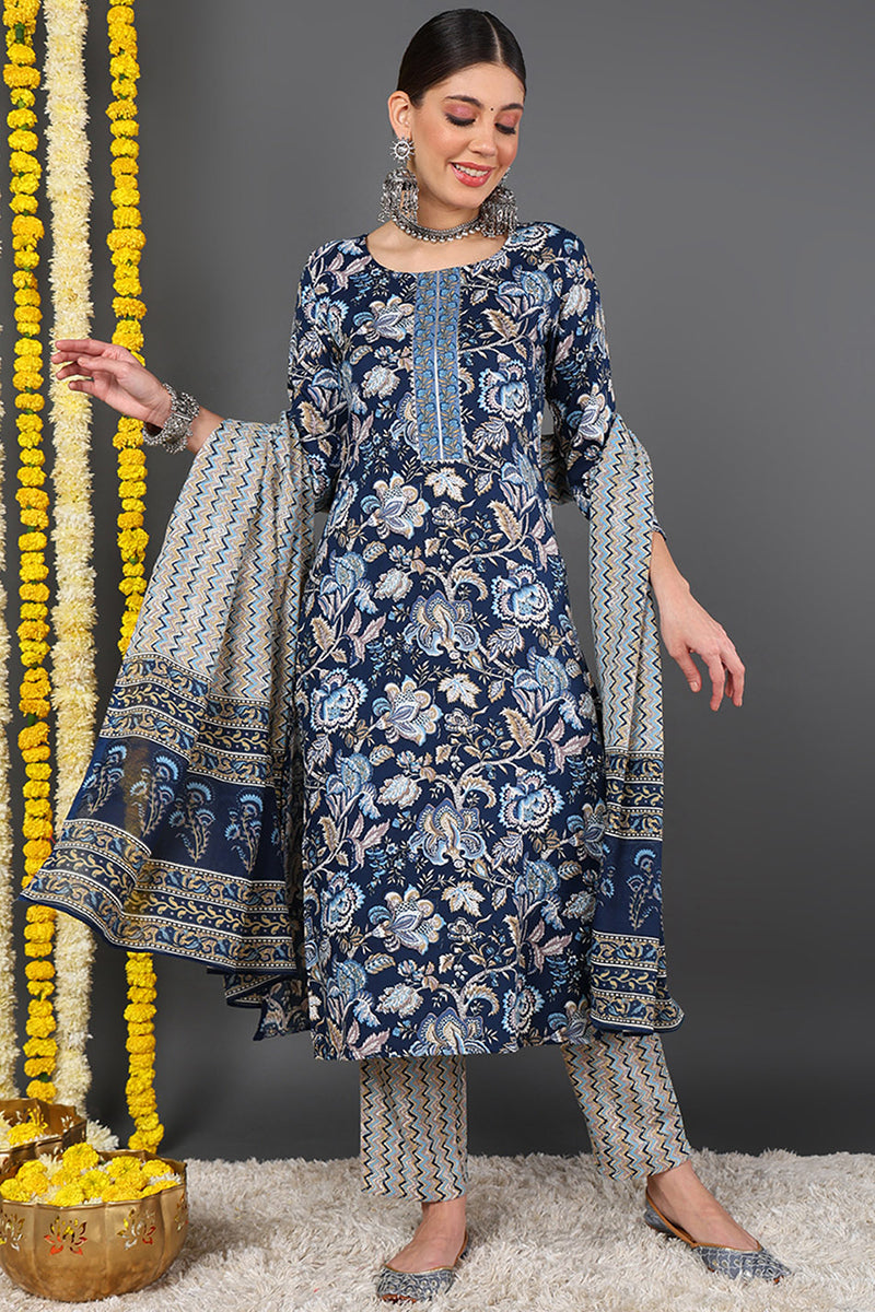 Blue Rayon Blend Floral Printed Straight Suit Set - Blue