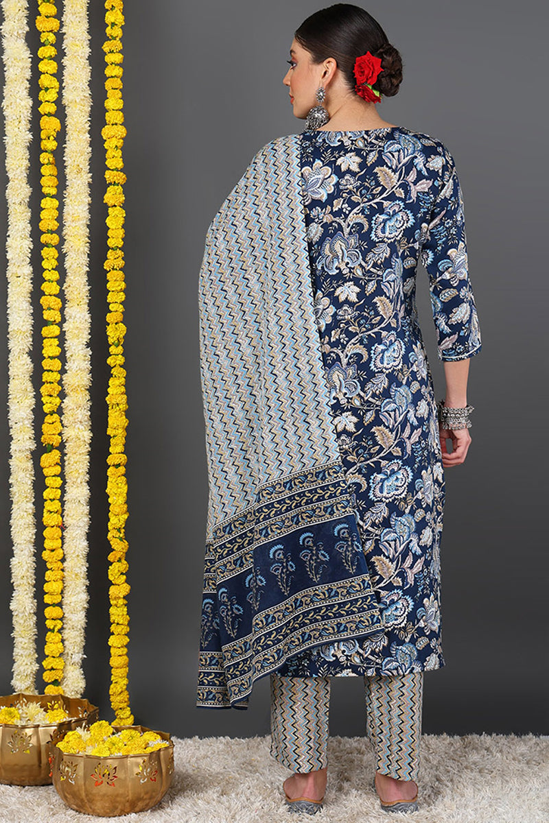 Blue Rayon Blend Floral Printed Straight Suit Set - Blue