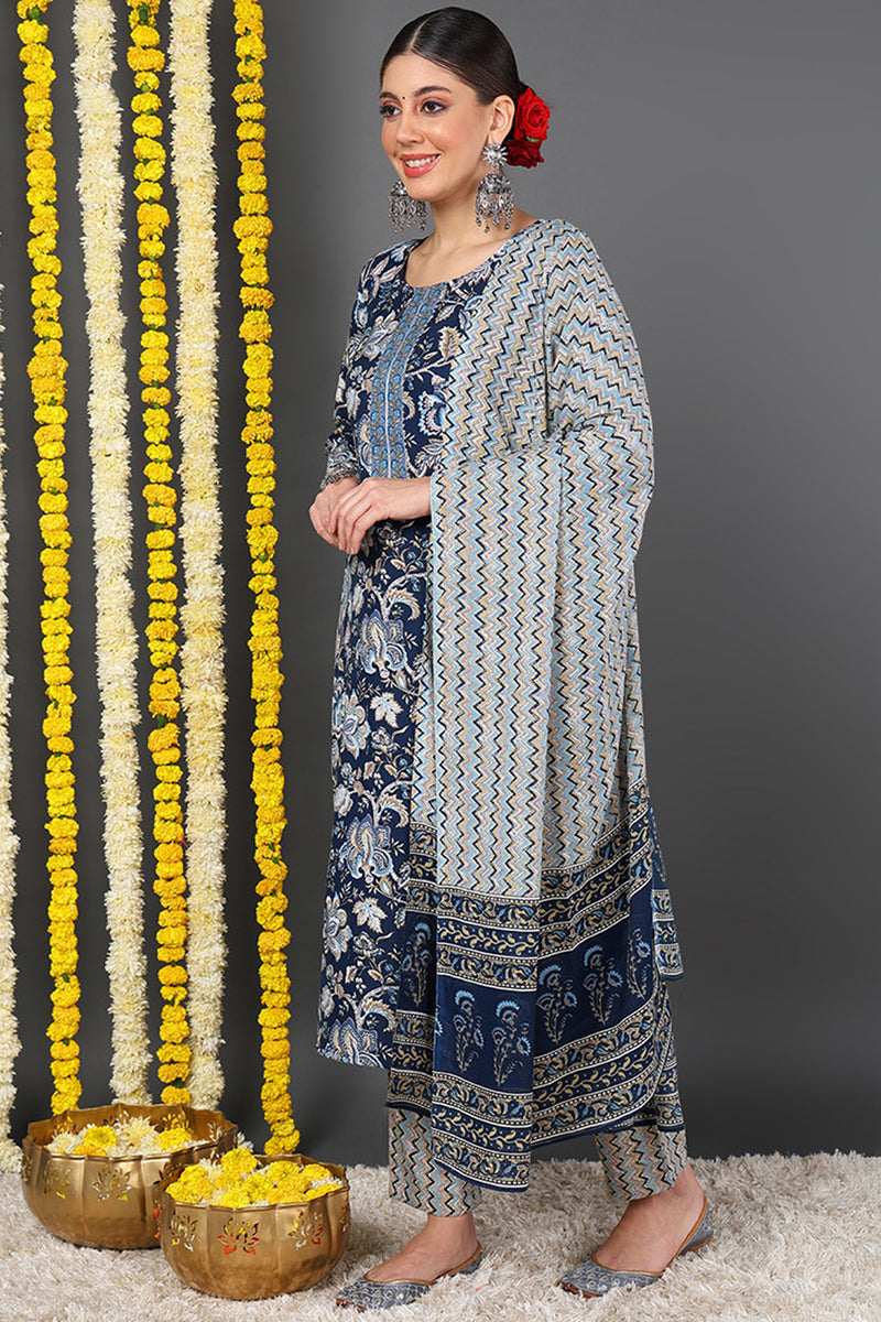 Blue Rayon Blend Floral Printed Straight Suit Set - Blue