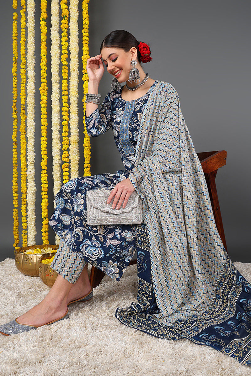 Blue Rayon Blend Floral Printed Straight Suit Set - Blue