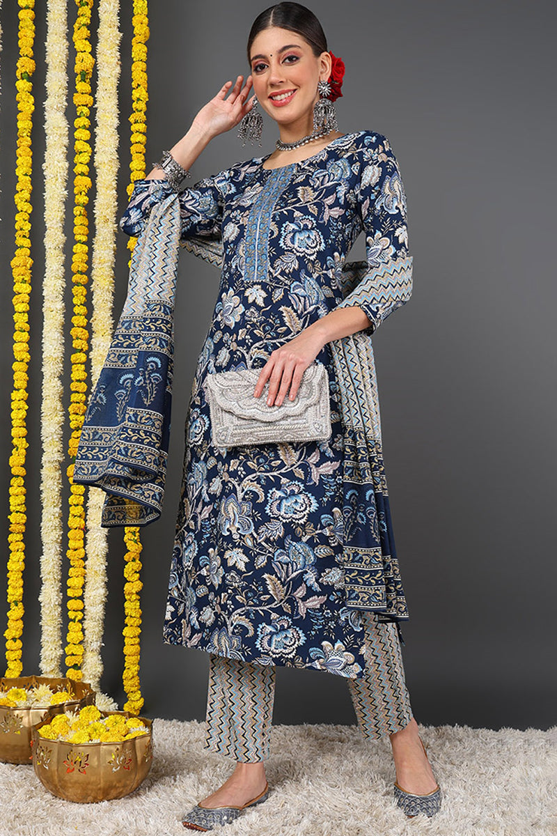 Blue Rayon Blend Floral Printed Straight Suit Set - Blue
